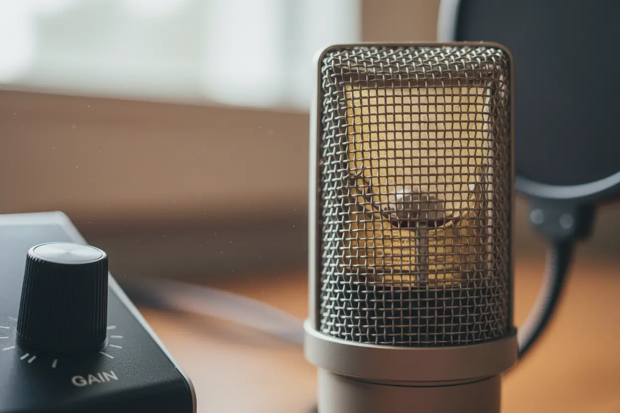 Detalhe Técnico do Microfone kit podcast completo para iniciantes