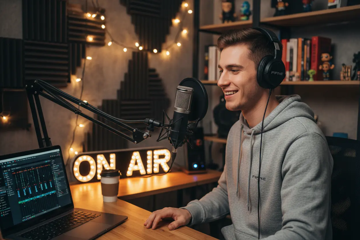 Pessoa jovem usando microfone FIFINE e fones de ouvido para podcasting.