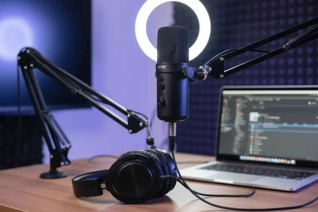 Microfone FIFINE condensador USB preto com fone de ouvido, em um setup de streaming.