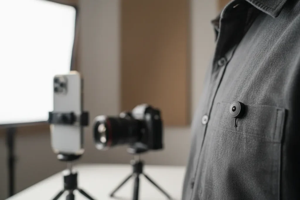 Microfone Hollyland Lark M2 de lapela sem fio em uso, mostrando seu tamanho compacto.