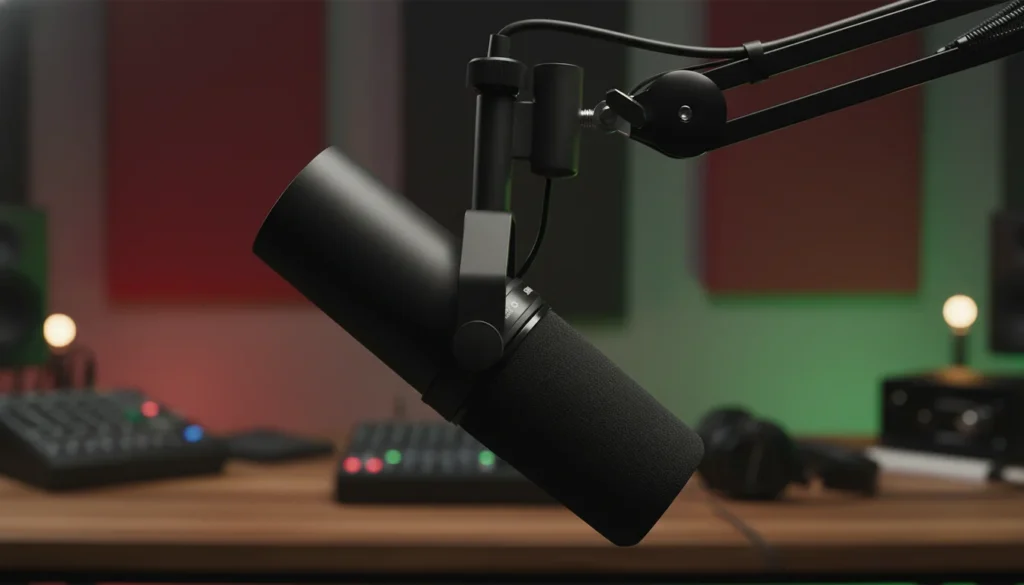 Microfone dinâmico preto sendo usado por entrevistador em estúdio, com entrevistado ao fundo.