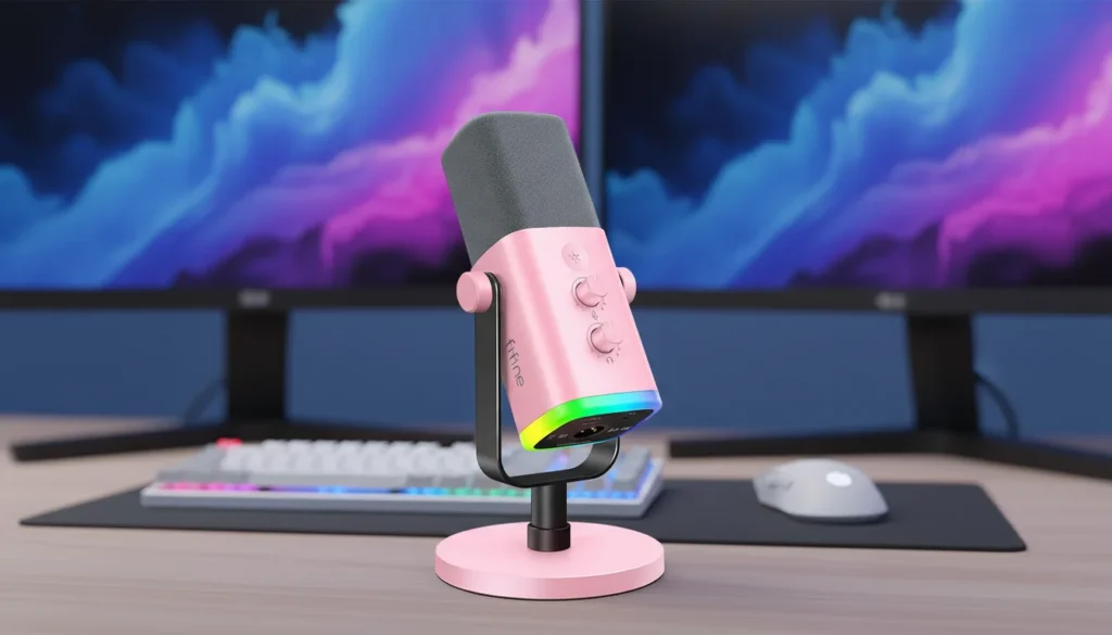 Microfone fifine, rosa e cinza em cima de uma mesa com dois monitores um mouse e teclado ao fundo desfocados.