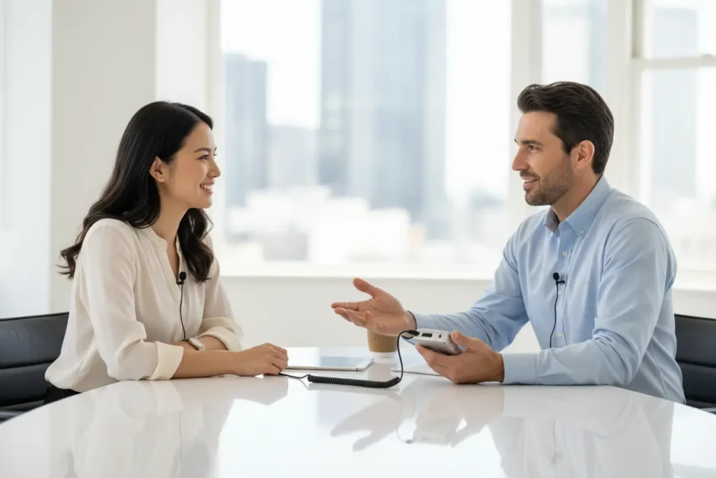 Duas pessoas com microfones de lapela duplos em uma entrevista.