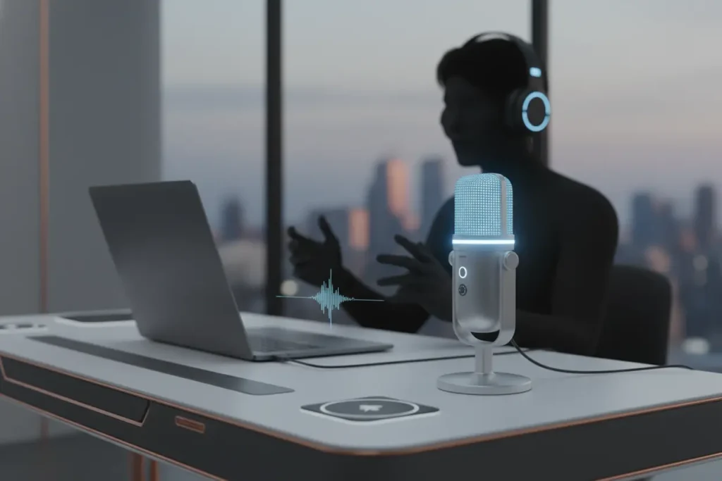 Microfone USB plug and play sem driver instalado em um laptop, pronto para uso em 2026.