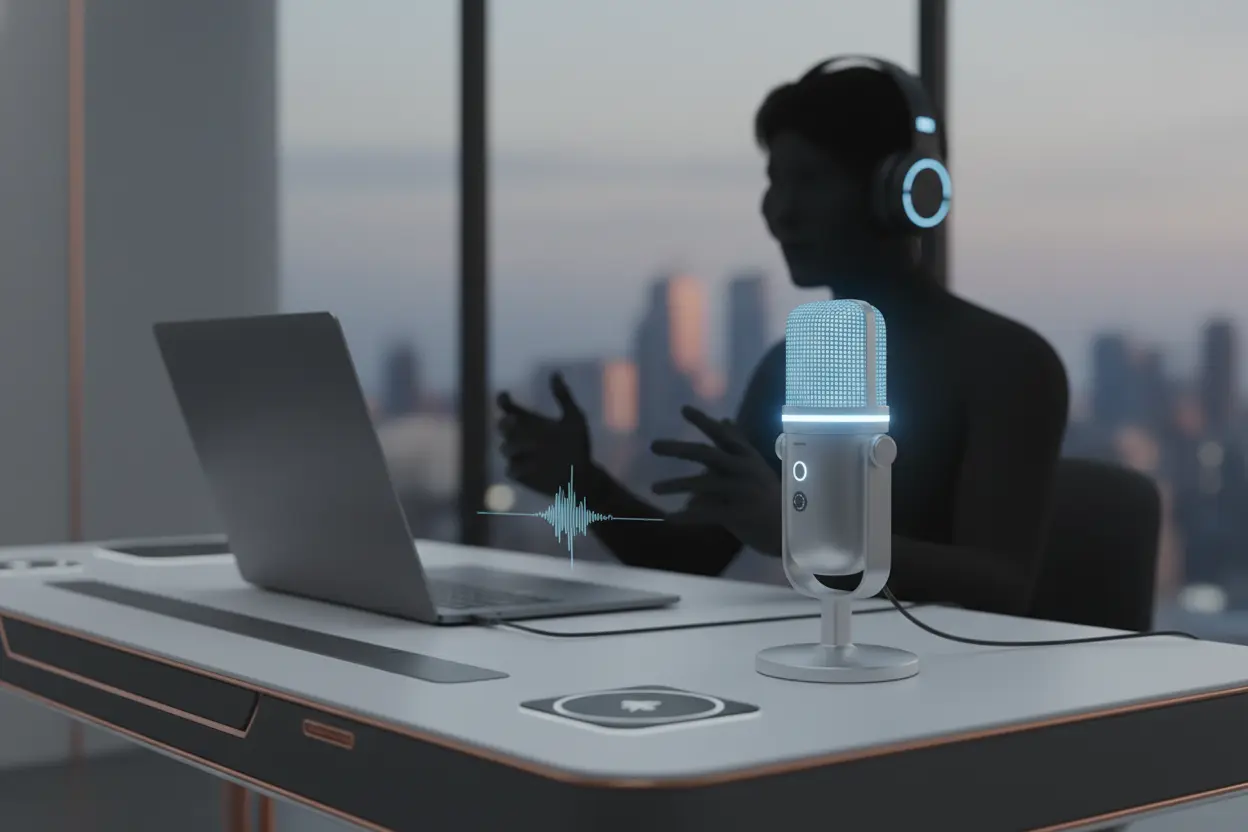 Microfone USB plug and play sem driver instalado em um laptop, pronto para uso em 2026.