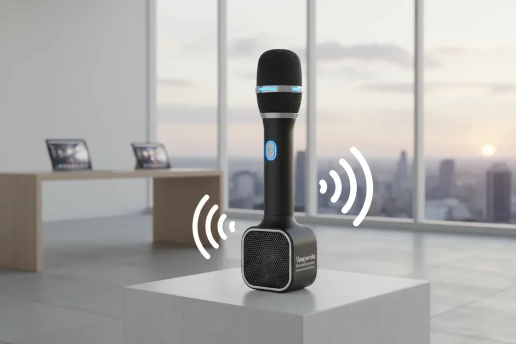 Microfone Voupuoda Bluetooth recarregável, branco, sobre uma mesa, com um smartphone conectado via Bluetooth ao fundo.