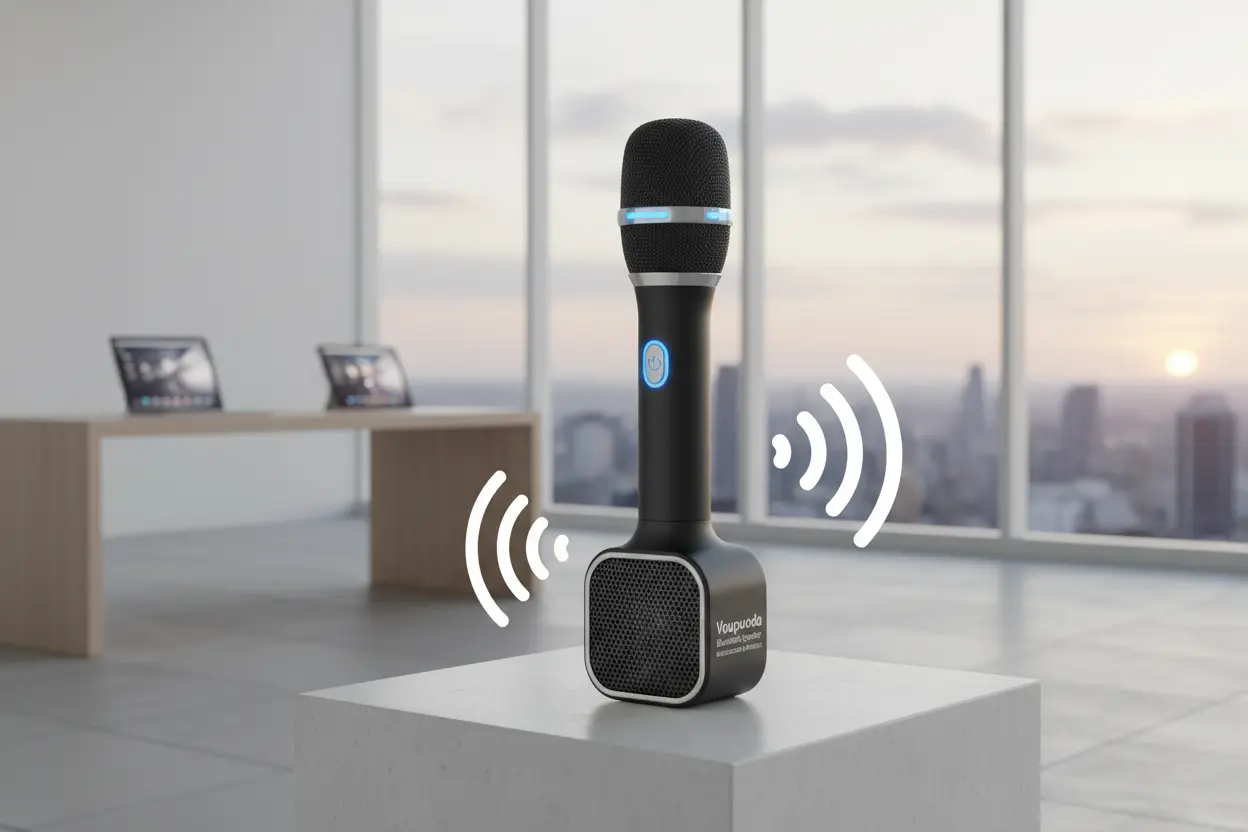 Microfone Voupuoda Bluetooth recarregável, branco, sobre uma mesa, com um smartphone conectado via Bluetooth ao fundo.