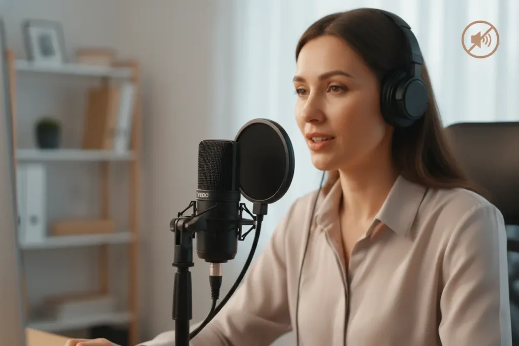 Pessoa usando microfone VEDO Condensador em reunião online com cancelamento de ruído ativado.