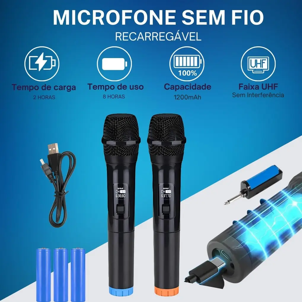 Base receptora preta e um microfone sem fio UHF karaoke preto
