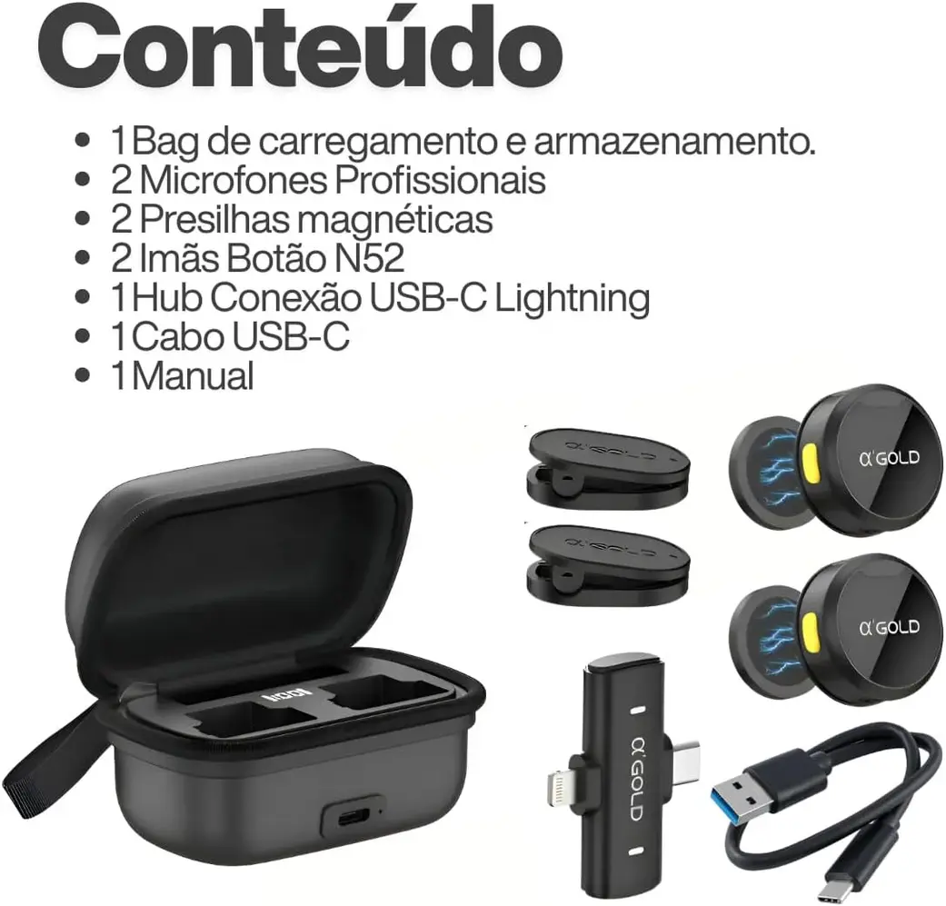 Case de carregamento preto do Kit 2 Microfones de Lapela aGold.