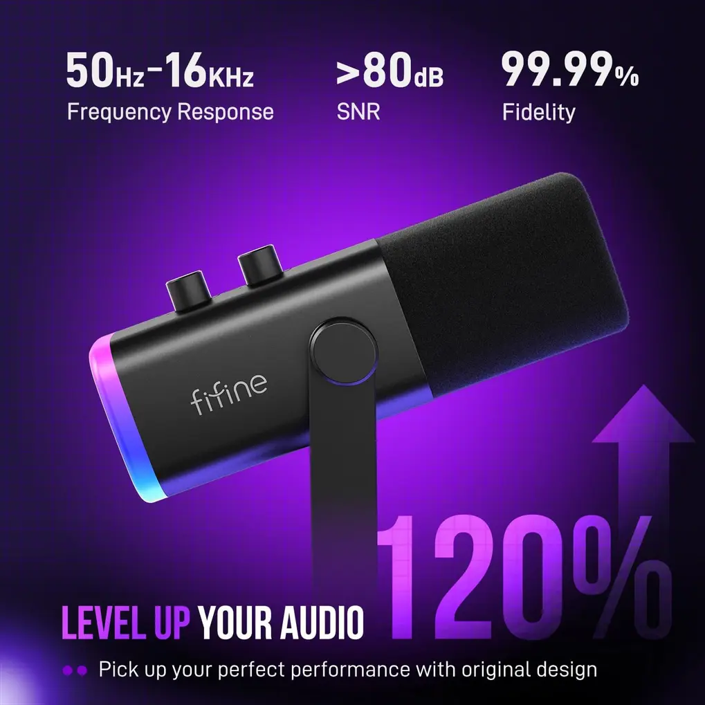 Controles e conexões USB/XLR do microfone dinâmico FIFINE AM8 preto