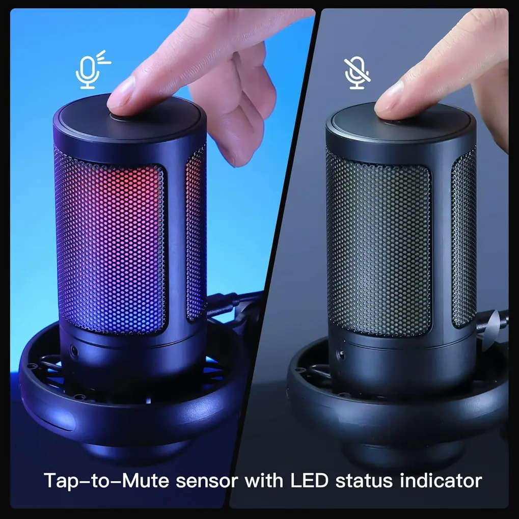 Detalhe do microfone Gamer RGB Condensador USB preto, botões e luz RGB.