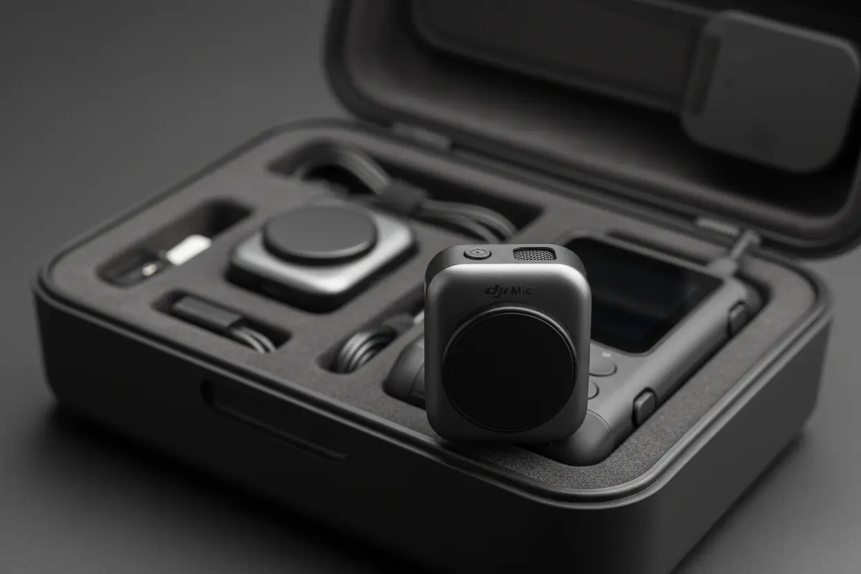 Transmissor do DJI Mic Mini com clipe magnético e estojo de carregamento.