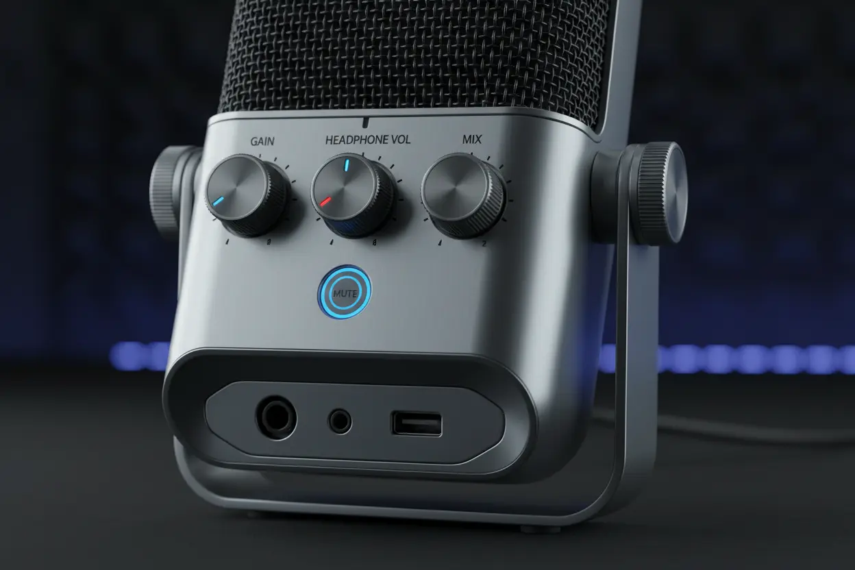 Close-up do microfone 3 em 1 com conexões USB e XLR e controles