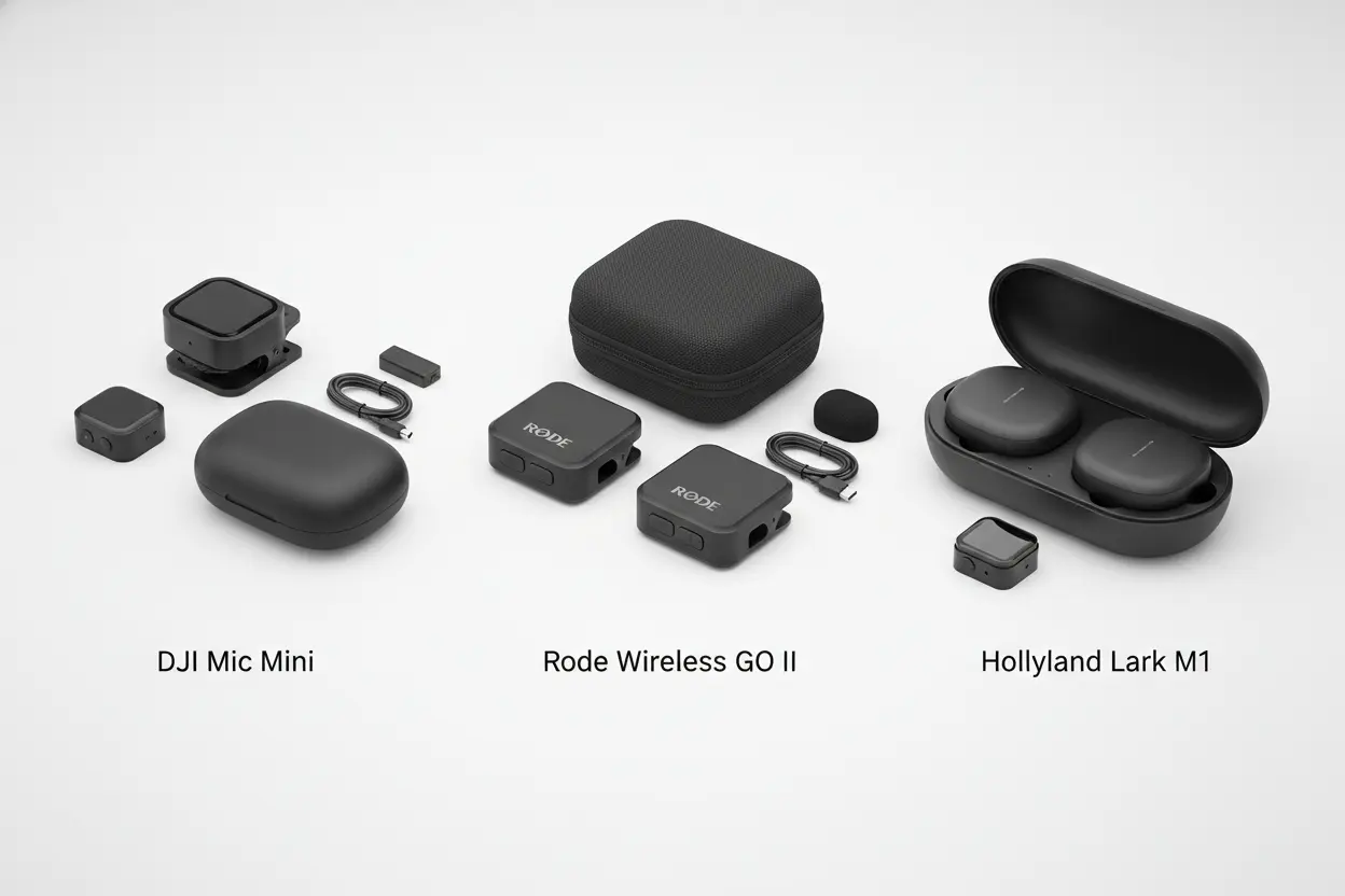 Comparação de tamanho entre DJI Mic Mini, Rode Wireless GO II e Hollyland Lark M1.
