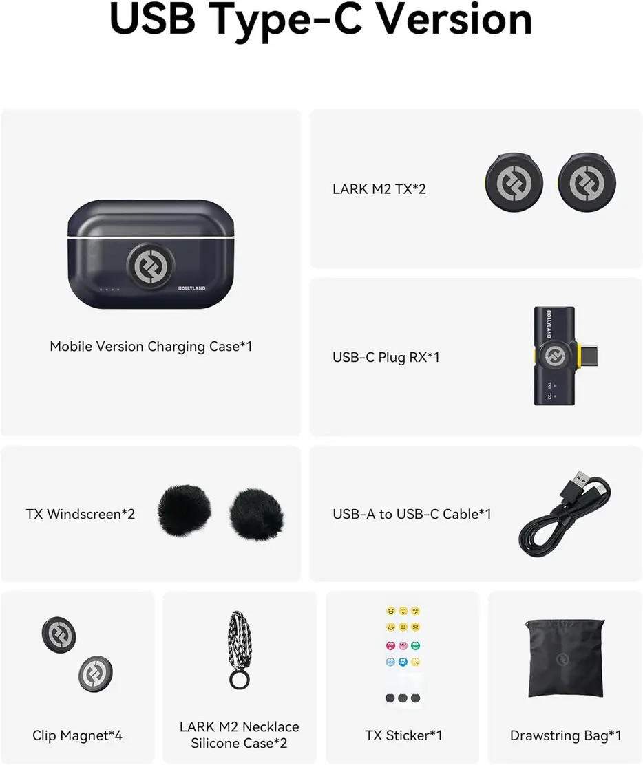 Estojo de carregamento preto do Hollyland Lark M2 aberto, com dois microfones transmissores dentro.