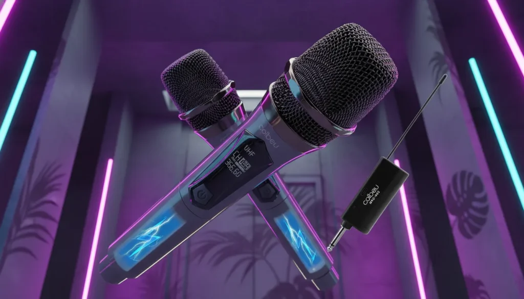 Dois microfones sem fio cruzados brilhando com eletricidade azul em um corredor tropical iluminado por neon roxo.