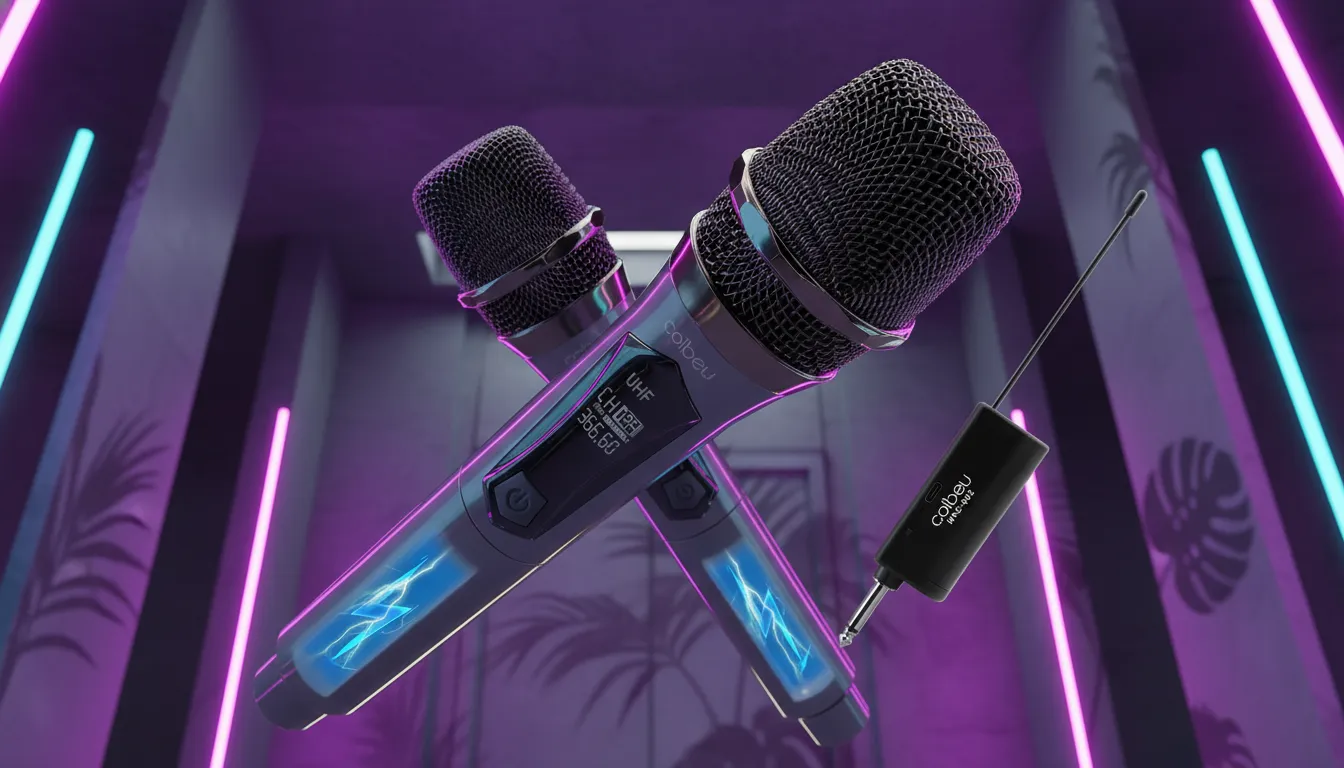 Dois microfones sem fio cruzados brilhando com eletricidade azul em um corredor tropical iluminado por neon roxo.