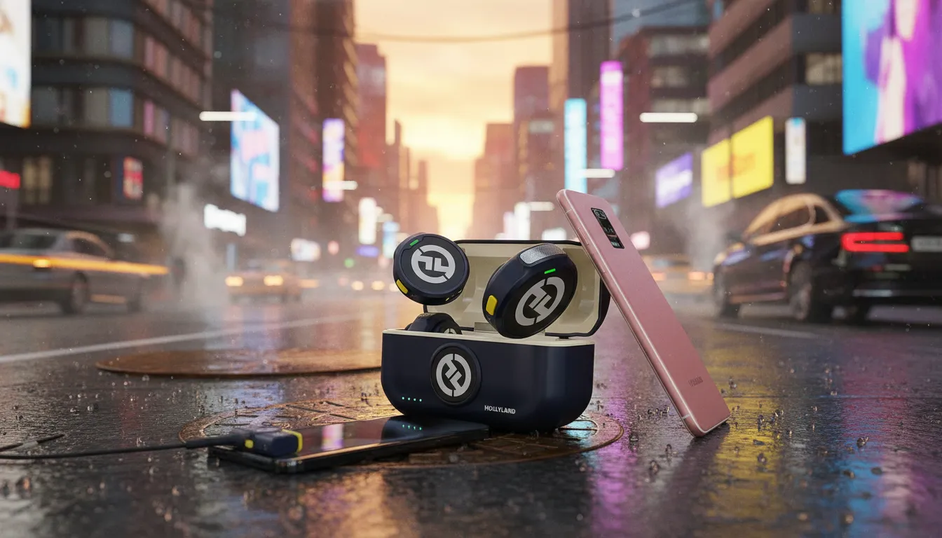 Microfones sem fio em estojo de recarga no asfalto molhado ao lado de um smartphone rosa ao pôr do sol.