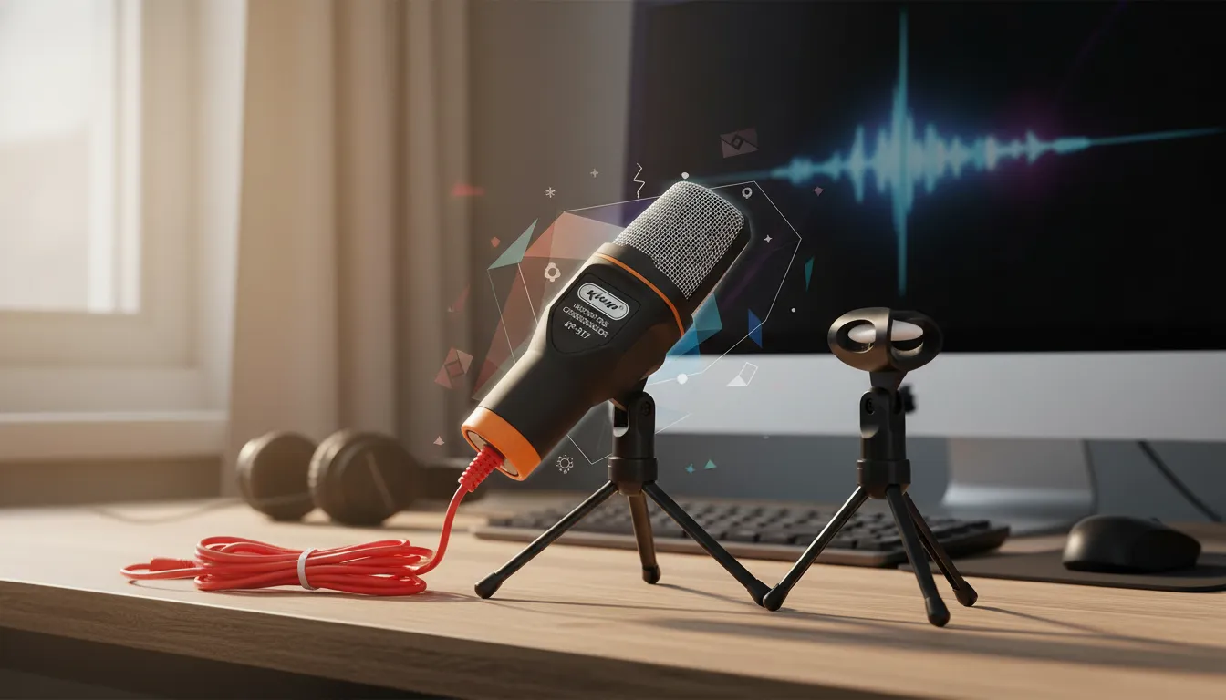 Microfone Knup KP-917 preto e laranja em um mini tripé sobre uma mesa com efeitos digitais.