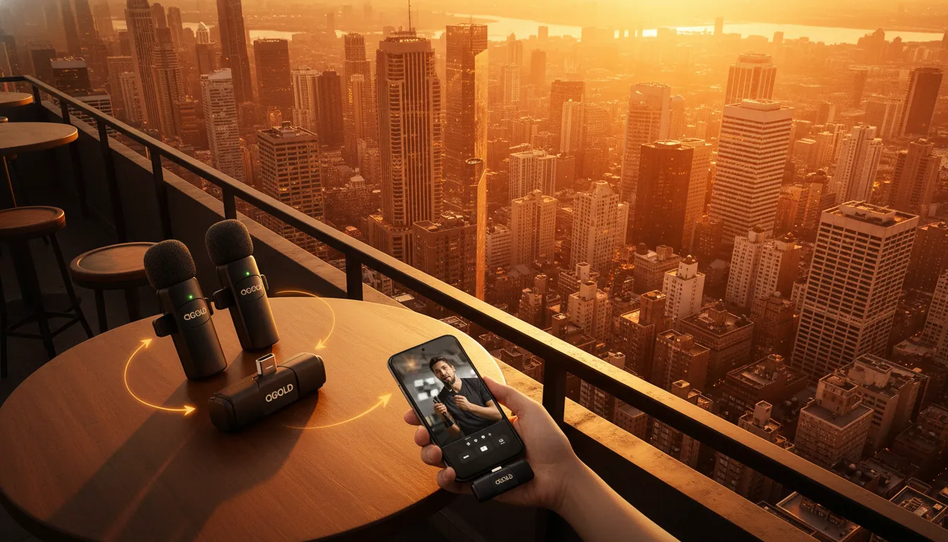 Microfone de lapela USB-C duplo sobre mesa redonda de madeira com vista de cidade ao pôr do sol.