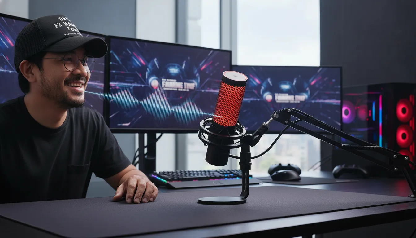Um gamer fala no microfone HyperX QuadCast 2 vermelho brilhante com ondas sonoras azuis em sua mesa de jogos.