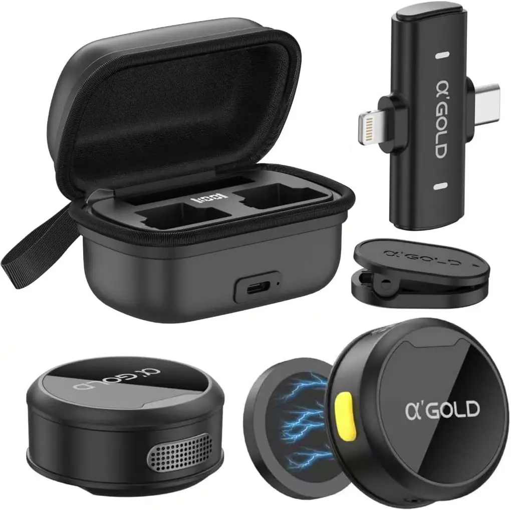 Kit 2 Microfones de Lapela aGold preto com case de carregamento.