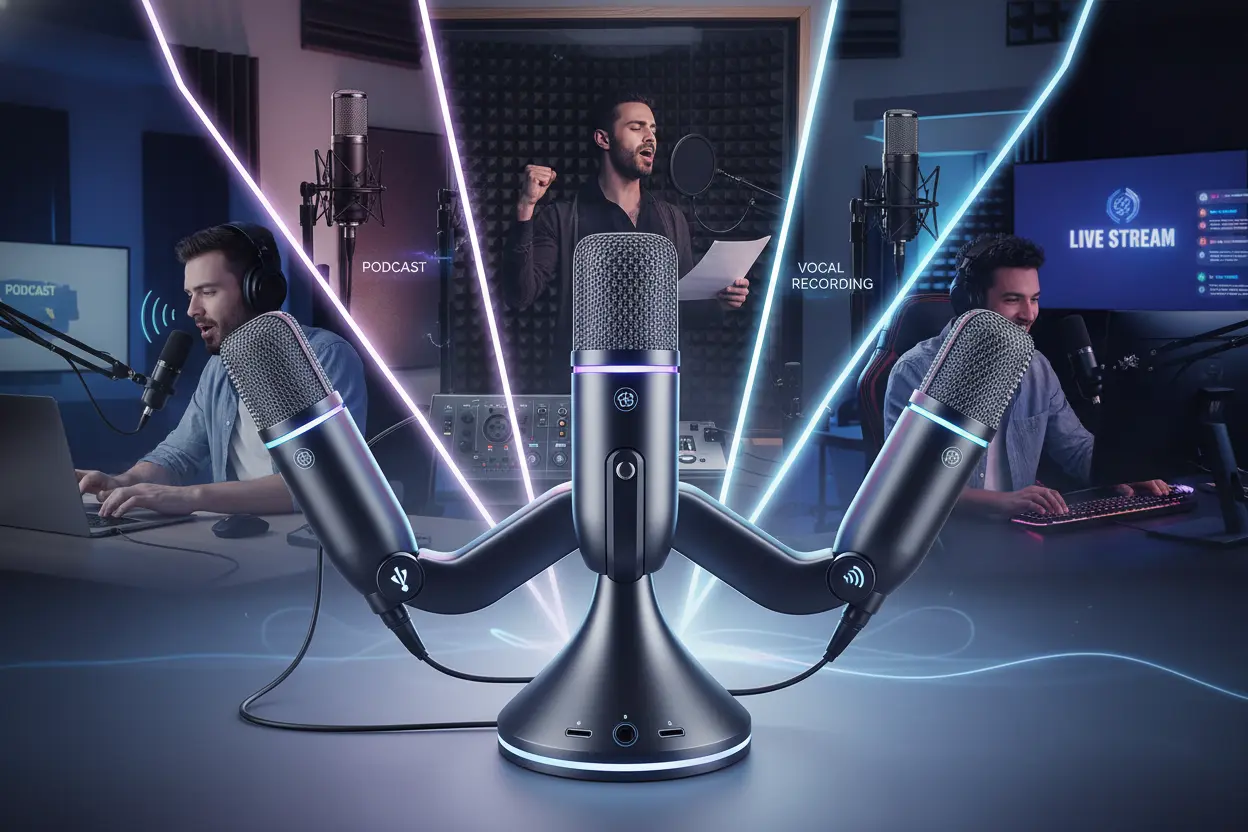 Microfone 3 em 1 em uso para podcast, gravação e live stream