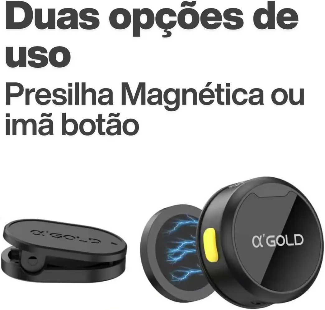Microfone de lapela aGold preto em uso com celular.