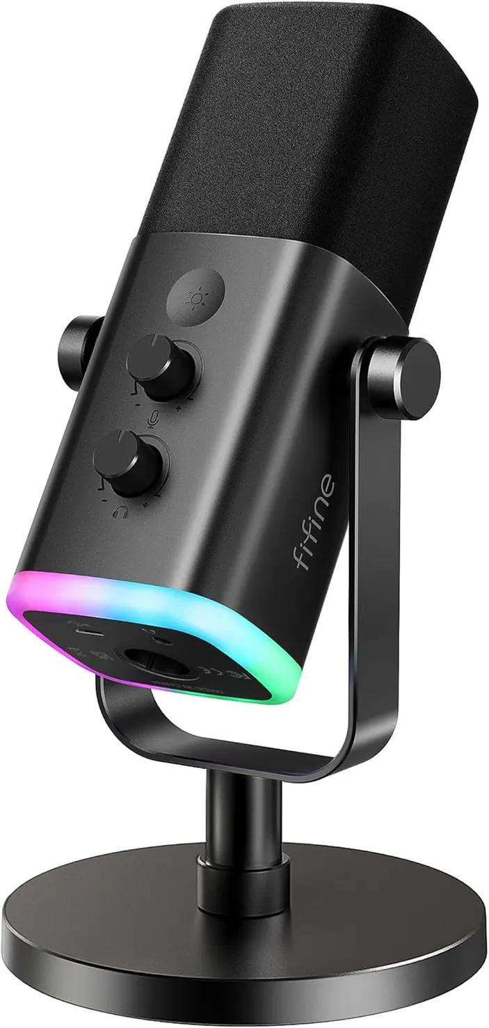 Microfone FIFINE AM8 dinâmico preto com iluminação RGB e suporte de mesa