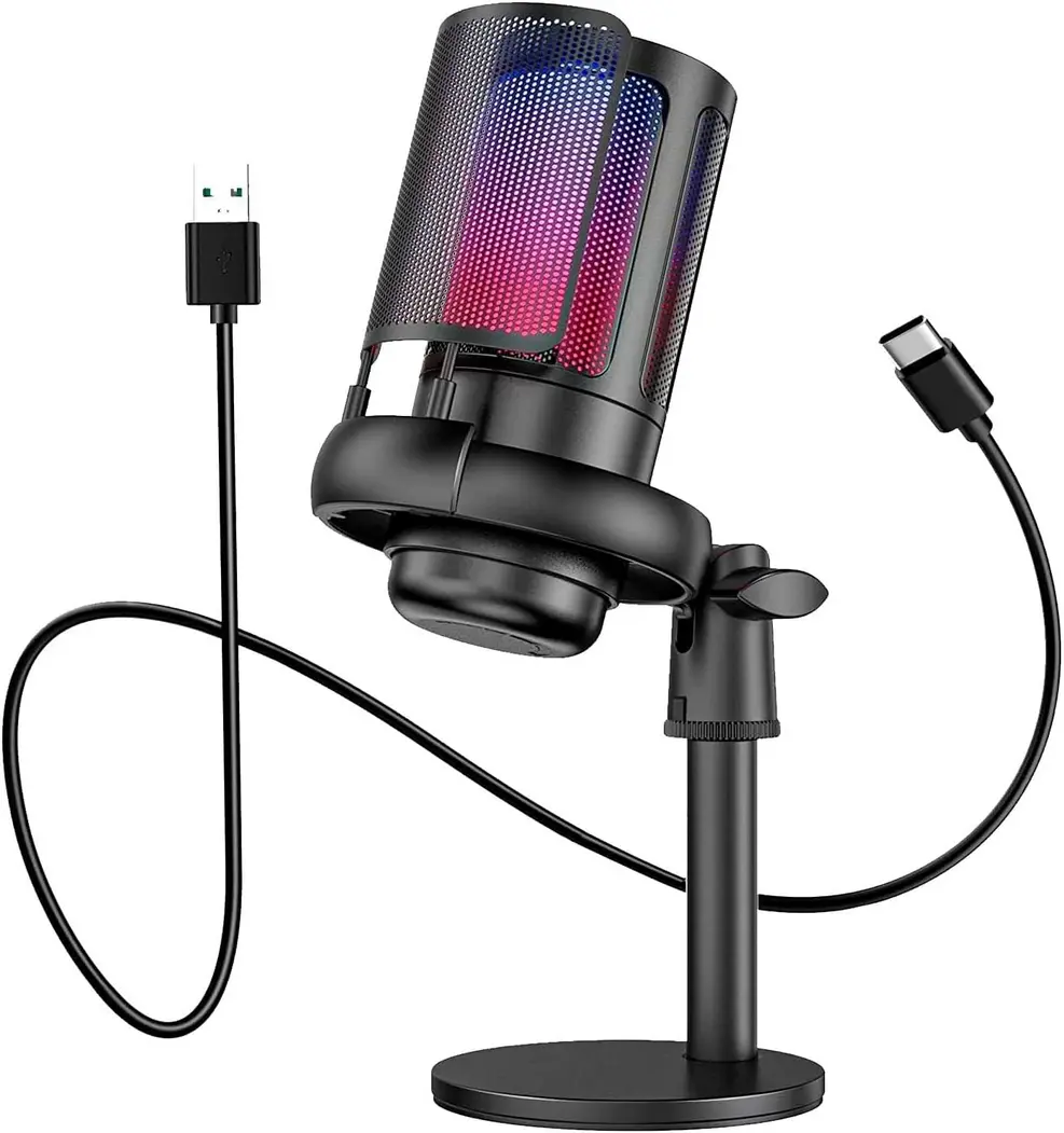 Microfone Gamer RGB Condensador USB preto com iluminação RGB e suporte de mesa.