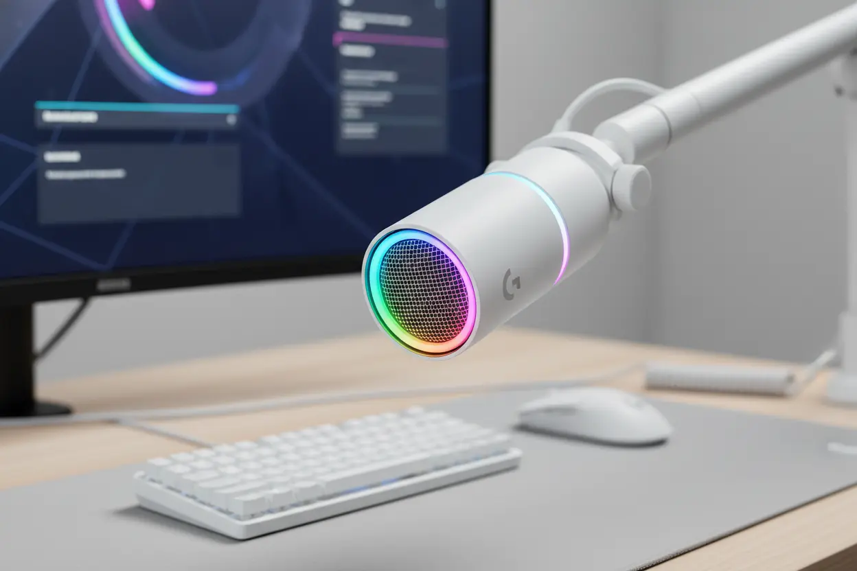 Microfone gamer Logitech G Yeti GX branco com RGB ligado