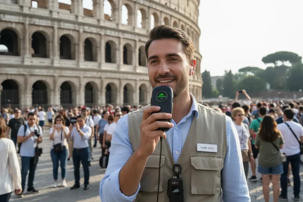 Guia turístico usando microfone wireless portátil para transmissão