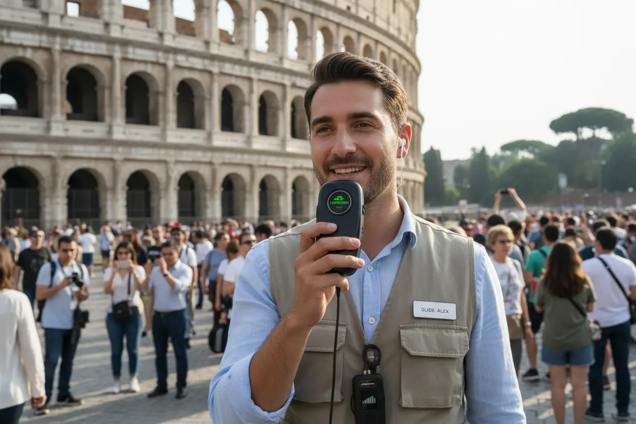 Guia turístico usando microfone wireless portátil para transmissão
