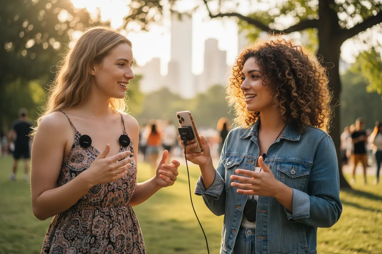 Mulher usando microfone QBuen Sem Fio para entrevista externa com iPhone
