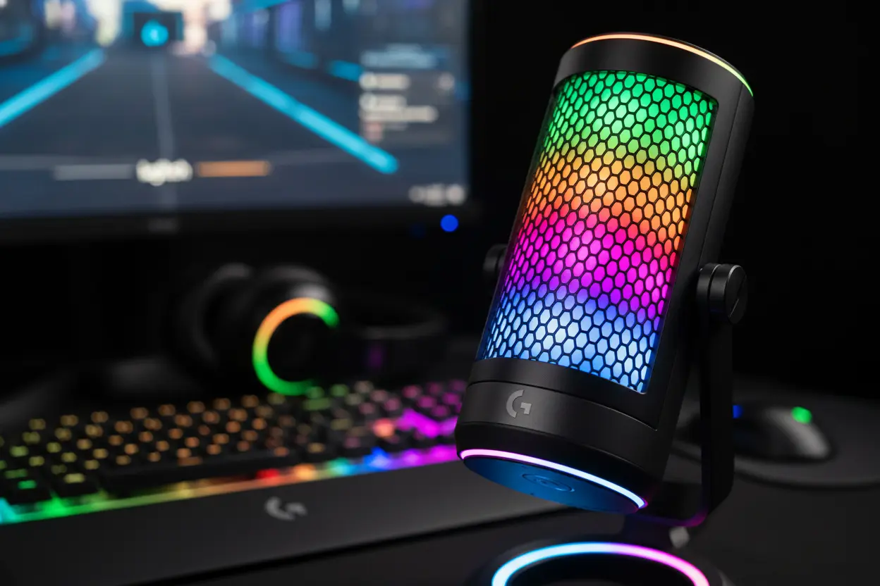 Detalhe das luzes RGB LIGHTSYNC no microfone Logitech G Yeti GX