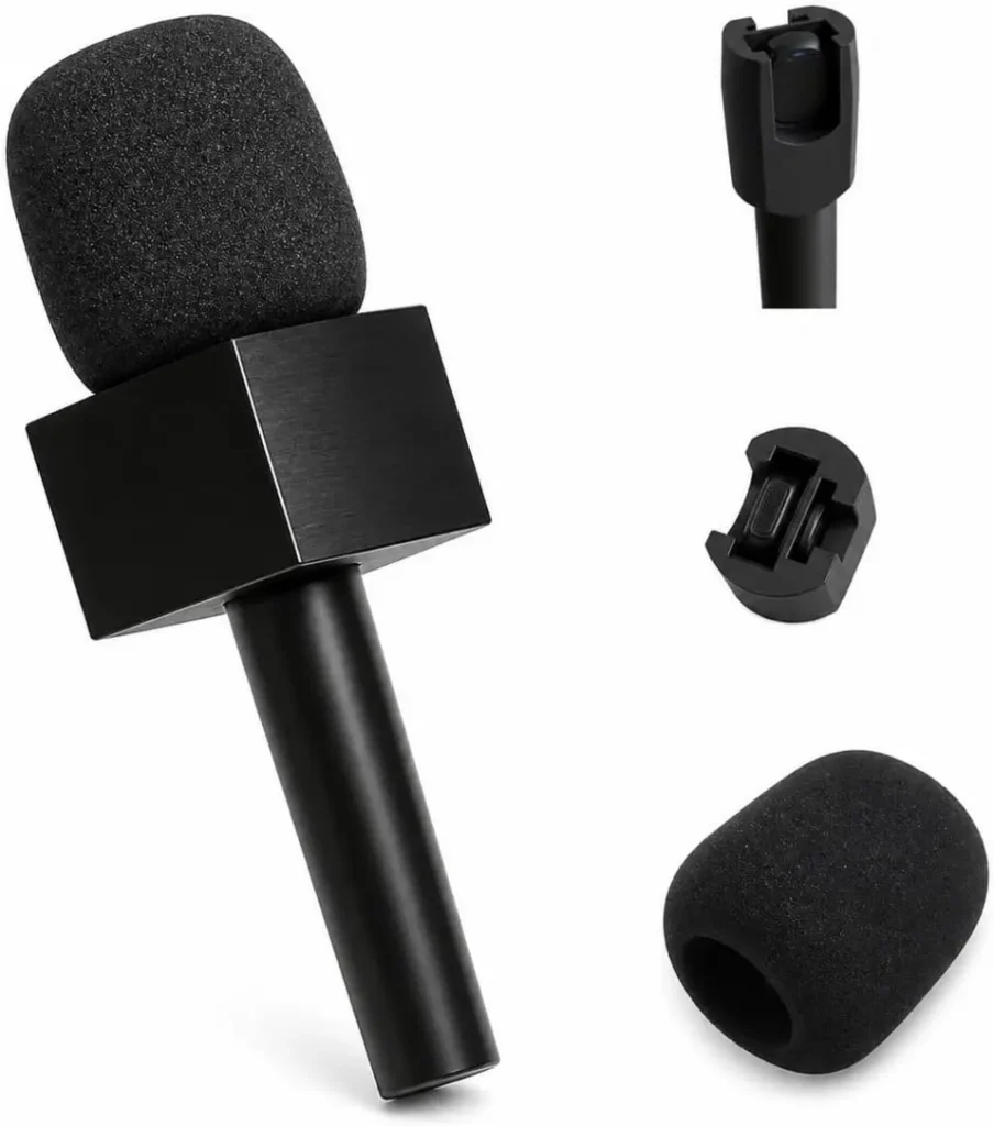 Suporte de mão preto com canopla para microfone lapela Hollyland M2, vista frontal.