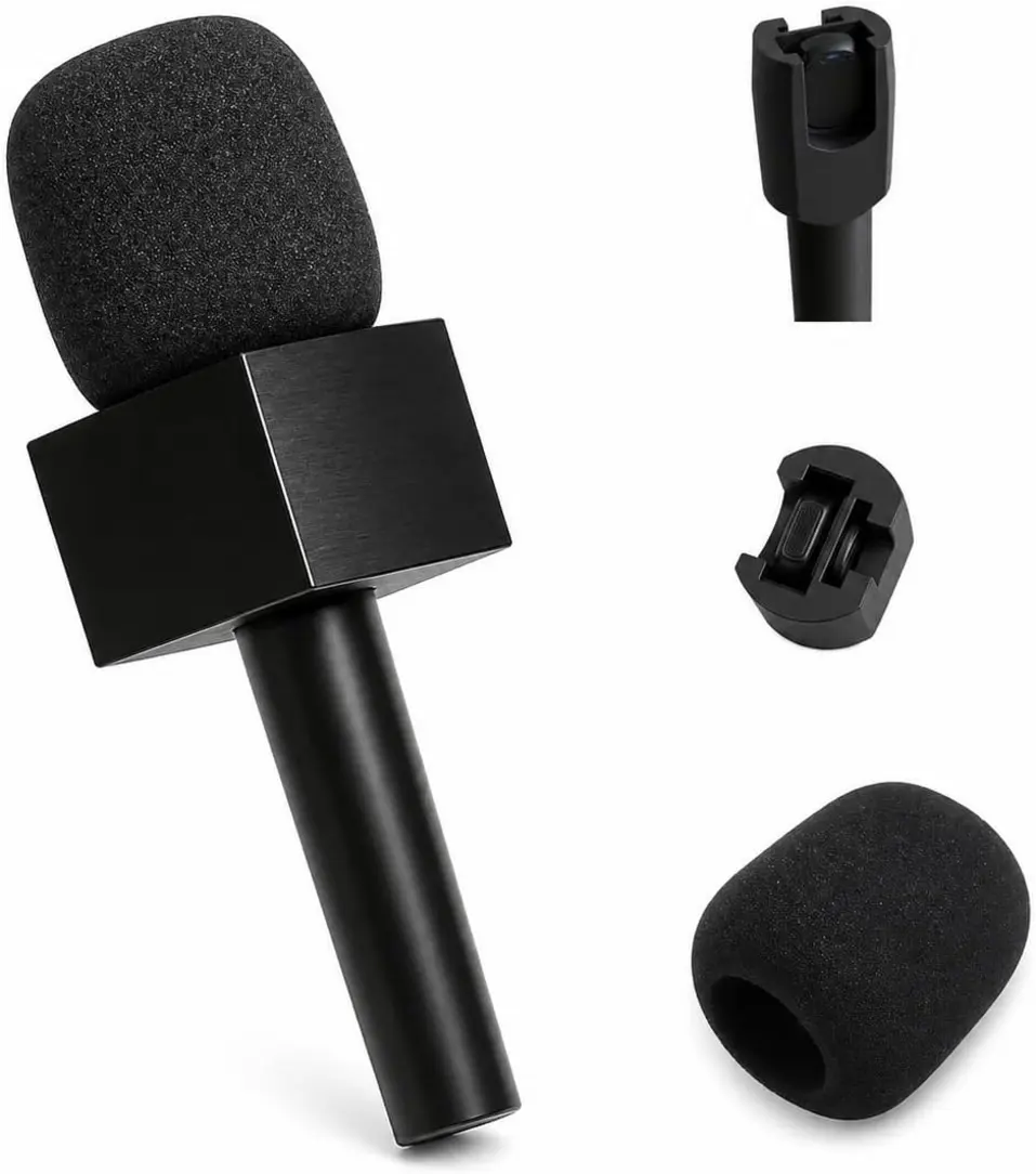 Suporte de mão preto com canopla para microfone lapela Hollyland M2, vista frontal.