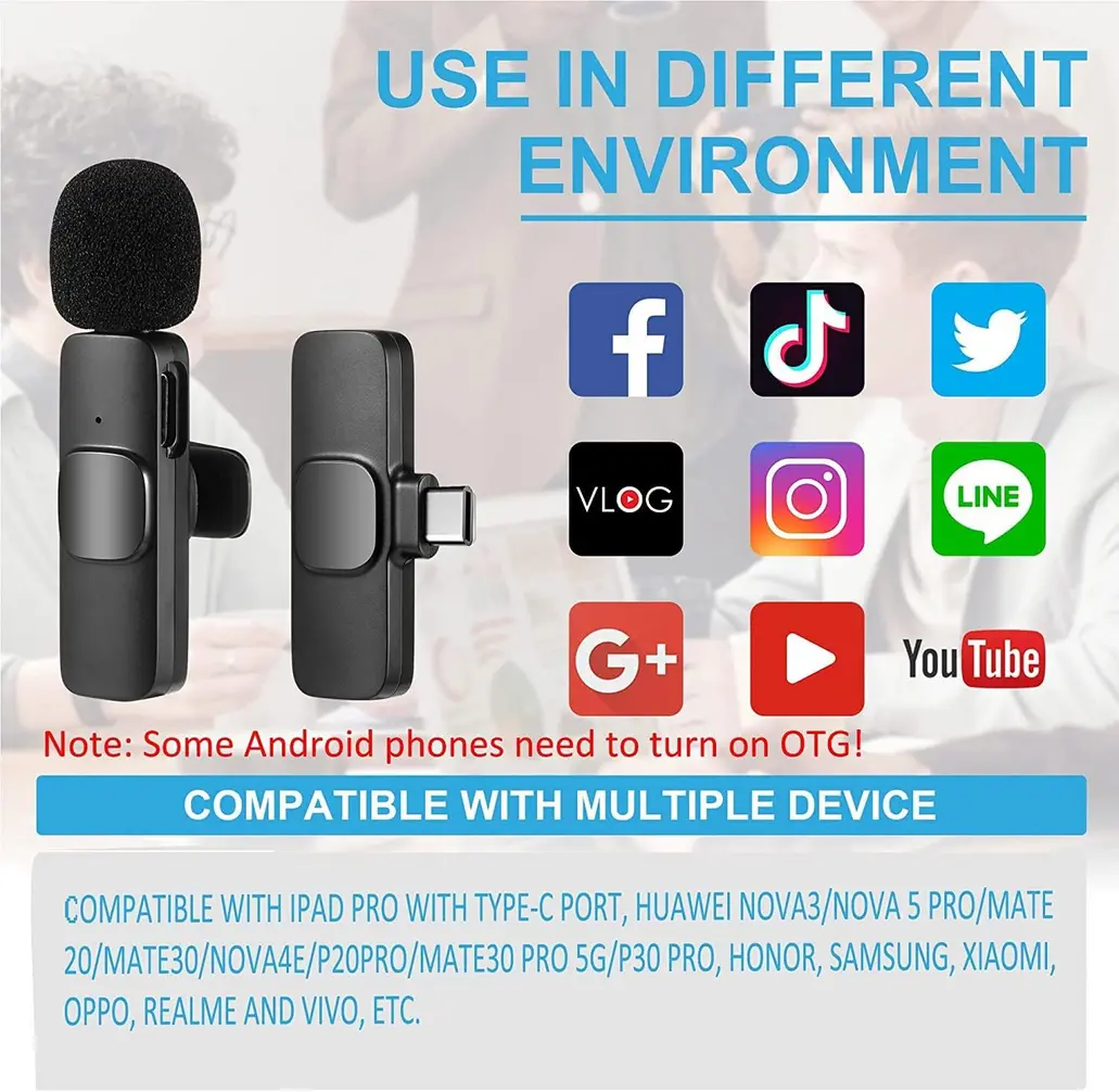 Detalhe do microfone de lapela Herowen e seu receptor USB-C.