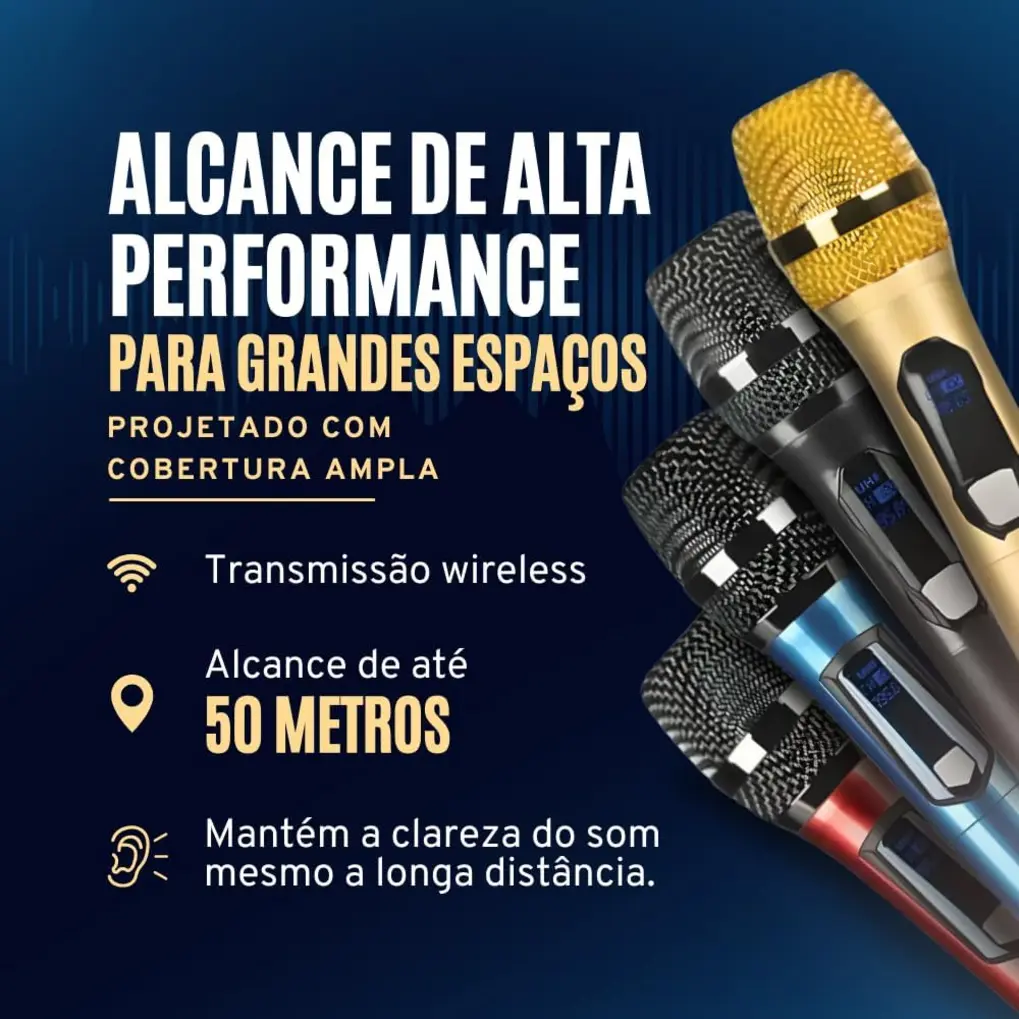Dois microfones dinâmicos sem fio M87 dourados com detalhes pretos, um receptor P10 preto e um conversor P2 preto, dispostos sobre uma superfície escura.