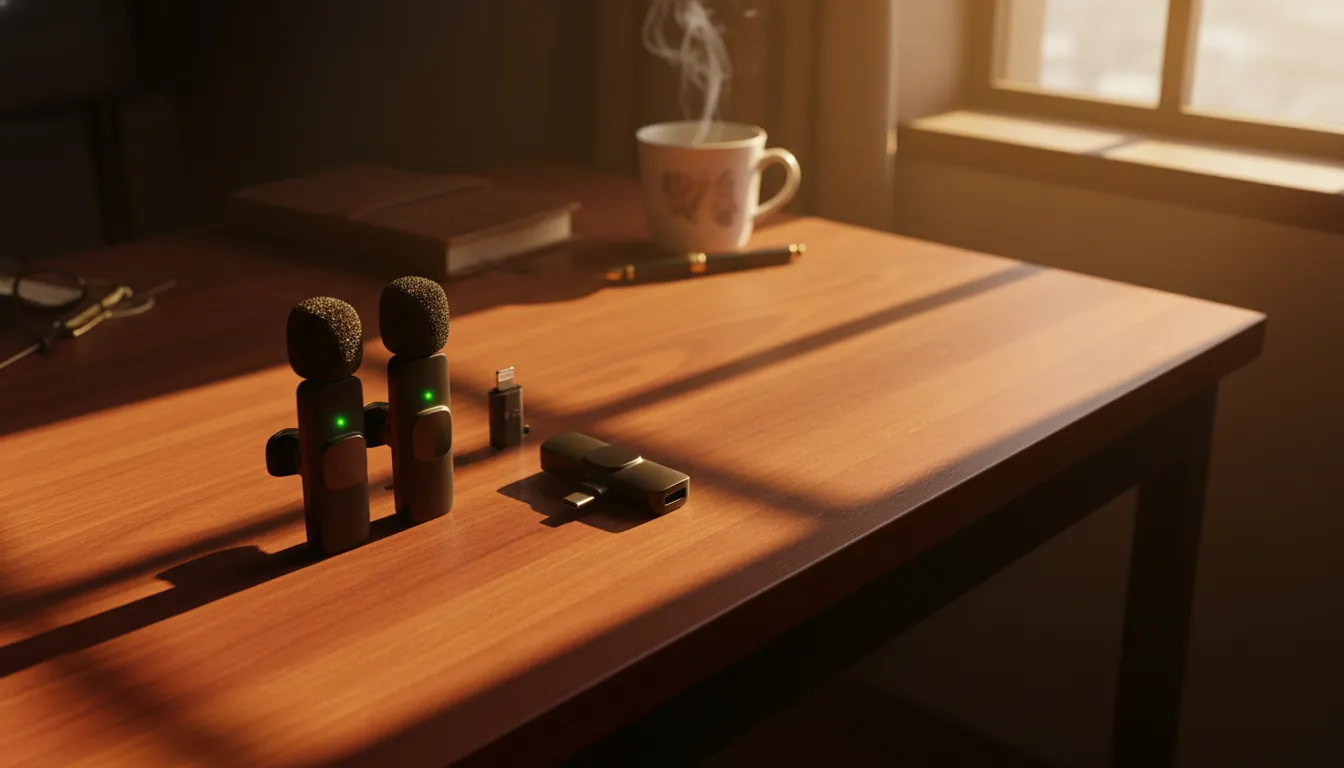 Dois microfones de lapela pretos, receptor Type-C, adaptador e smartphone sobre mesa de madeira.