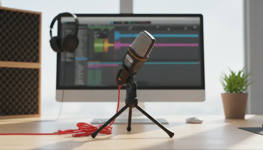 Microfone KNUP KP-917 em tripé de mesa com cabo vermelho, diante de monitor com software de áudio.