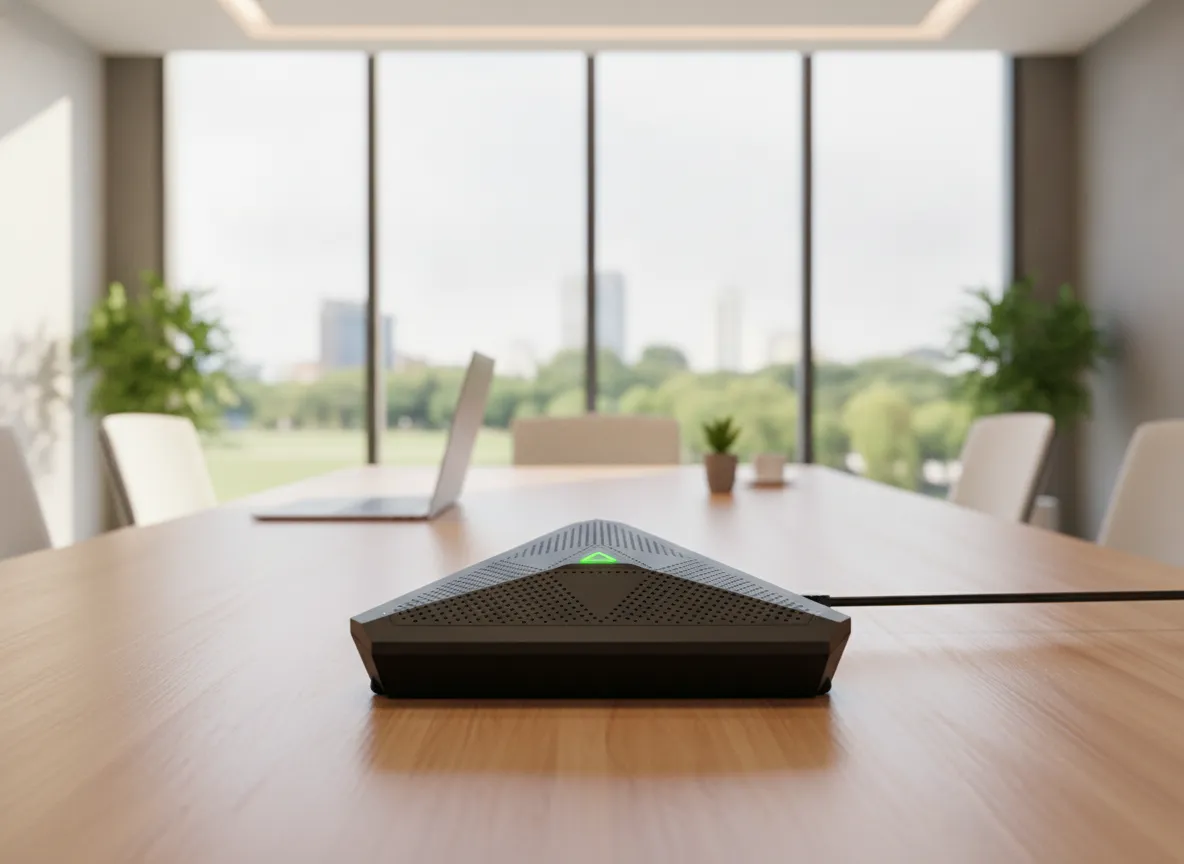 Microfone triangular preto Cmteck Cm-001 sobre uma mesa de madeira em uma sala de reuniões iluminada.