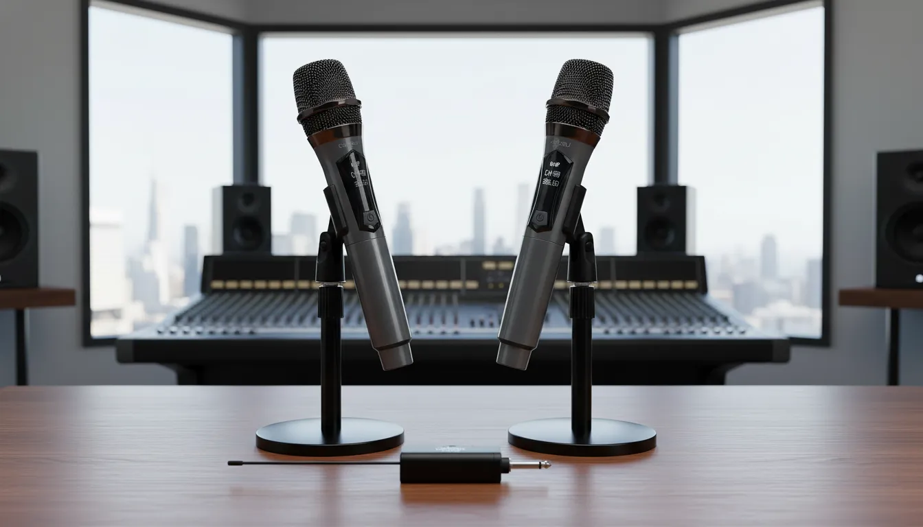 Dois microfones sem fio Coibeu MAC002 em suportes de mesa em um estúdio profissional.