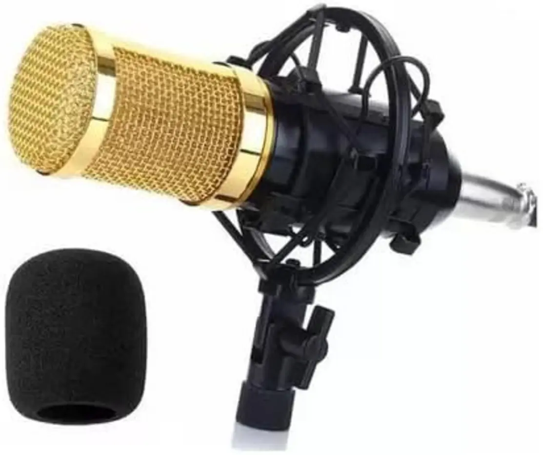 Microfone BM800 Lorben com pop filter e braço articulado em contexto de gravação
