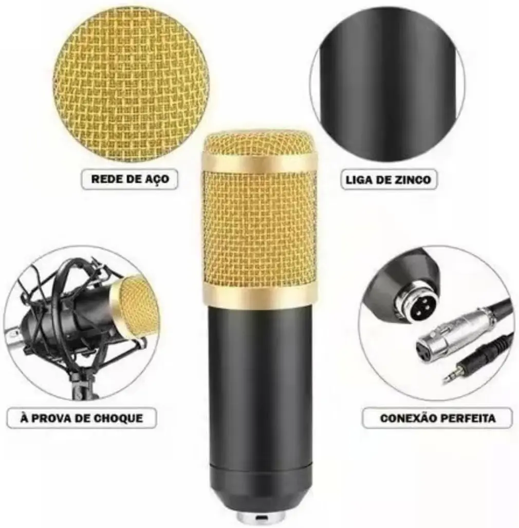 Microfone Condensador BM800 preto e dourado com shock mount e pop filter.