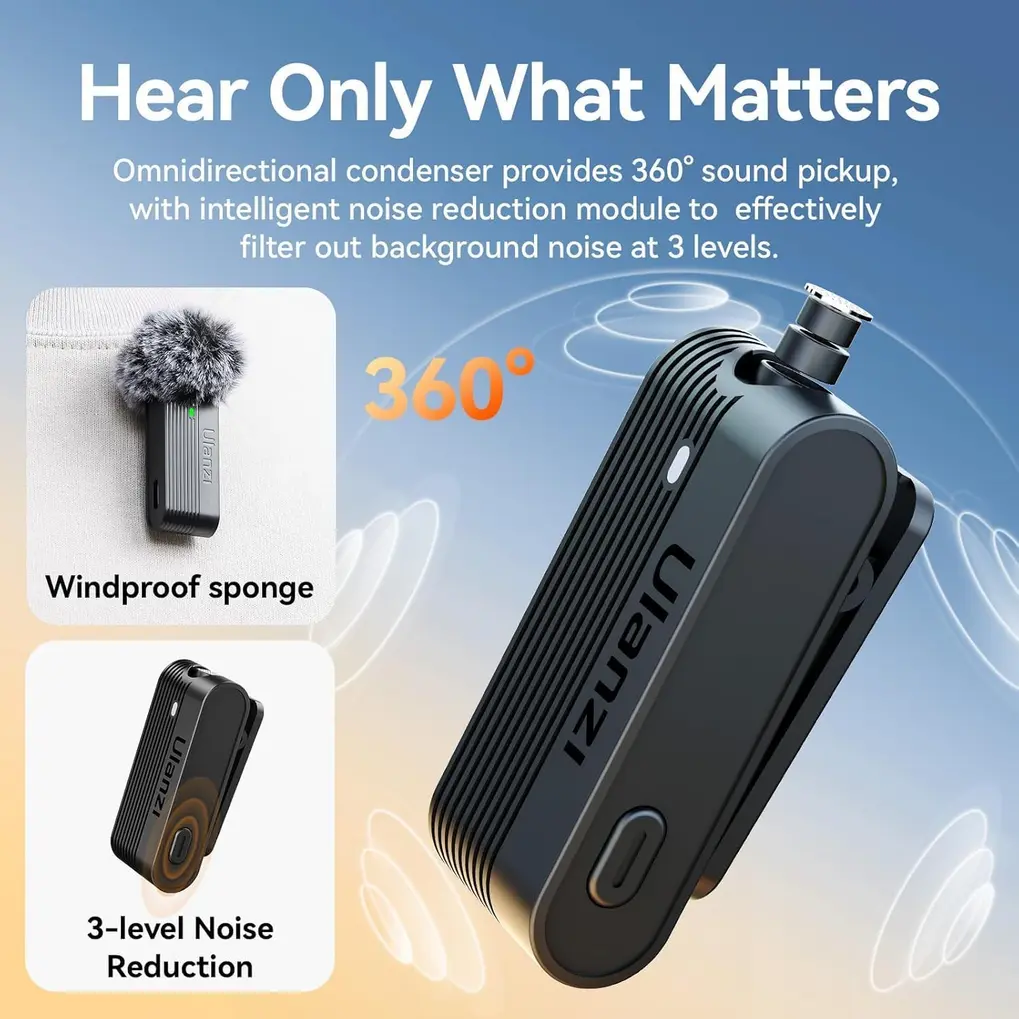 Case de carregamento aberto do microfone ULANZI A100, mostrando os dois transmissores e o receptor organizados internamente.