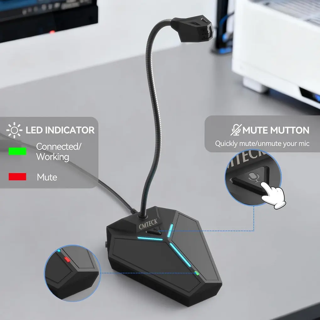 Detalhe da cabeça do Microfone USB Omnidirecional de Mesa CMTECK e parte do pescoço de ganso.