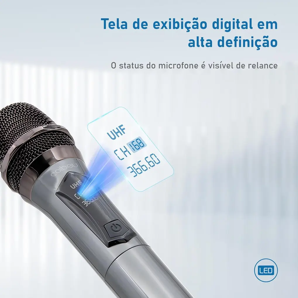 Detalhe do microfone de mão Coibeu MAC002 preto com grade metálica