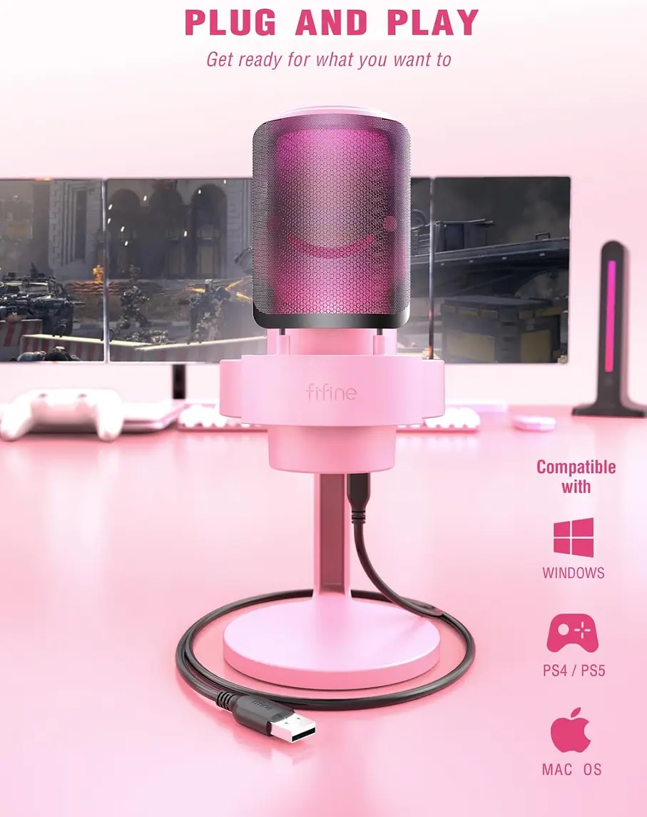Detalhe do microfone FIFINE A8 Rosa mostrando o botão de ganho e a porta USB.